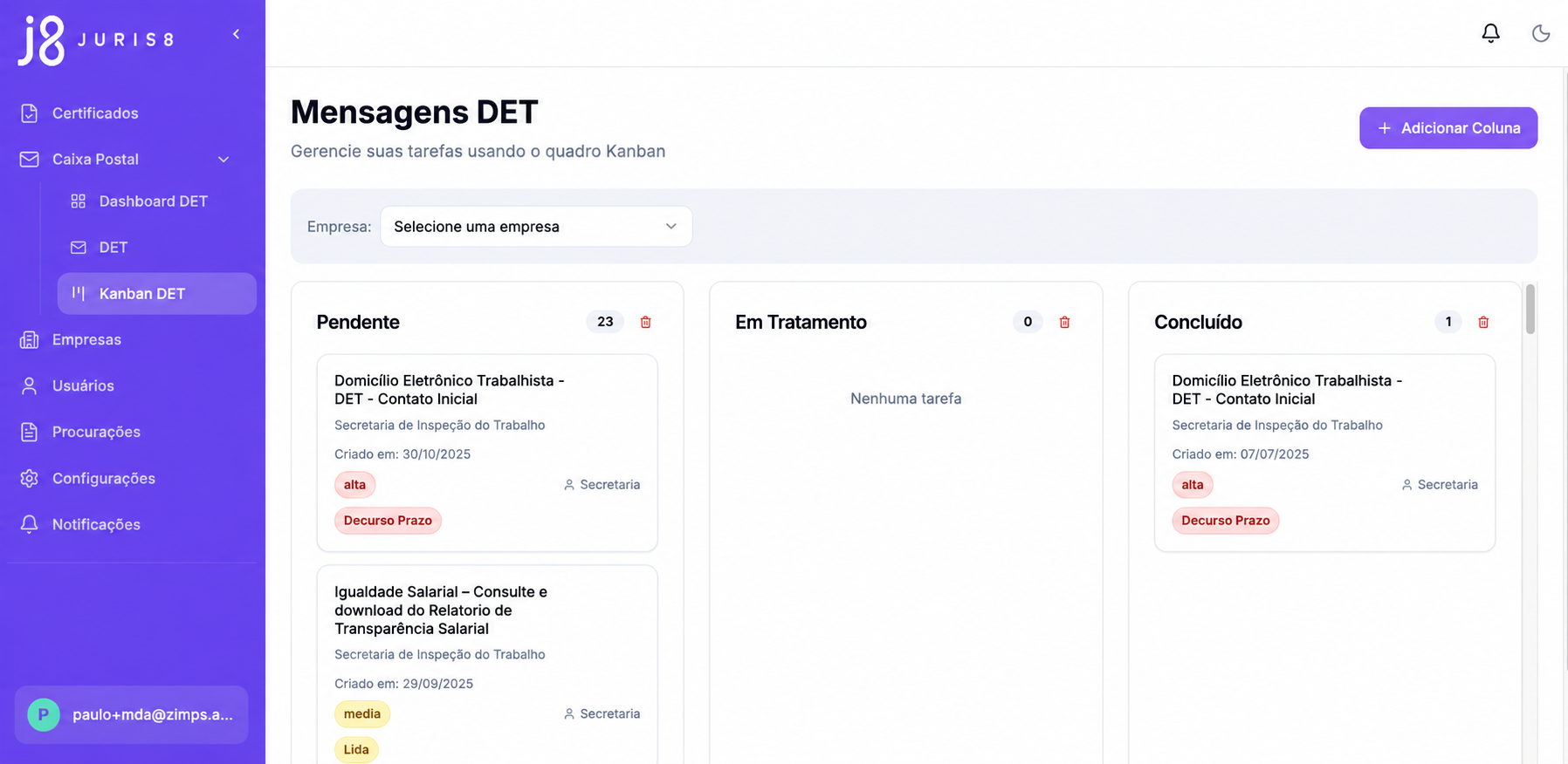 Quadro Kanban de mensagens do DET