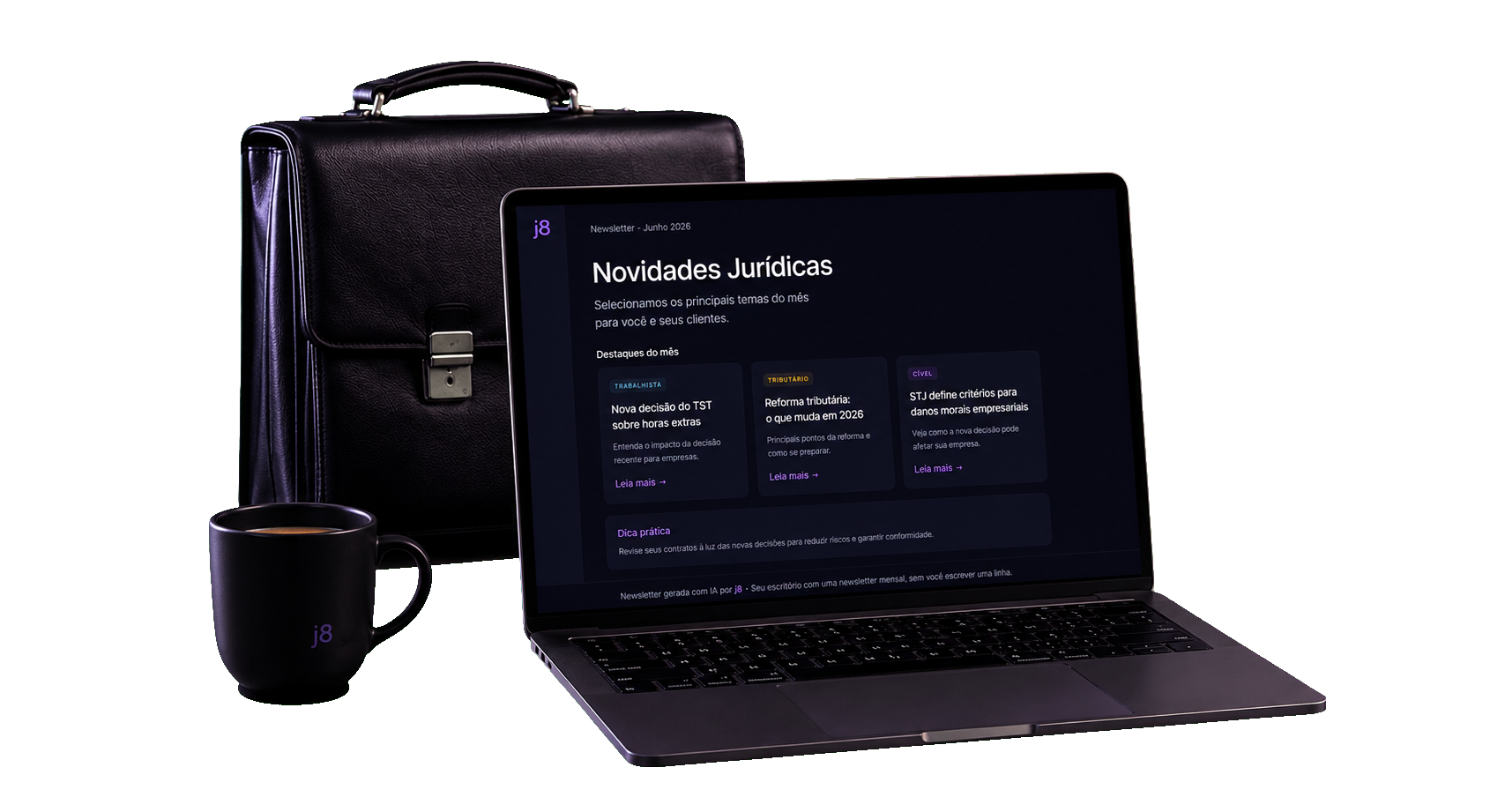 Newsletter jurídica gerada por IA — laptop com newsletter aberta, pasta e caneca